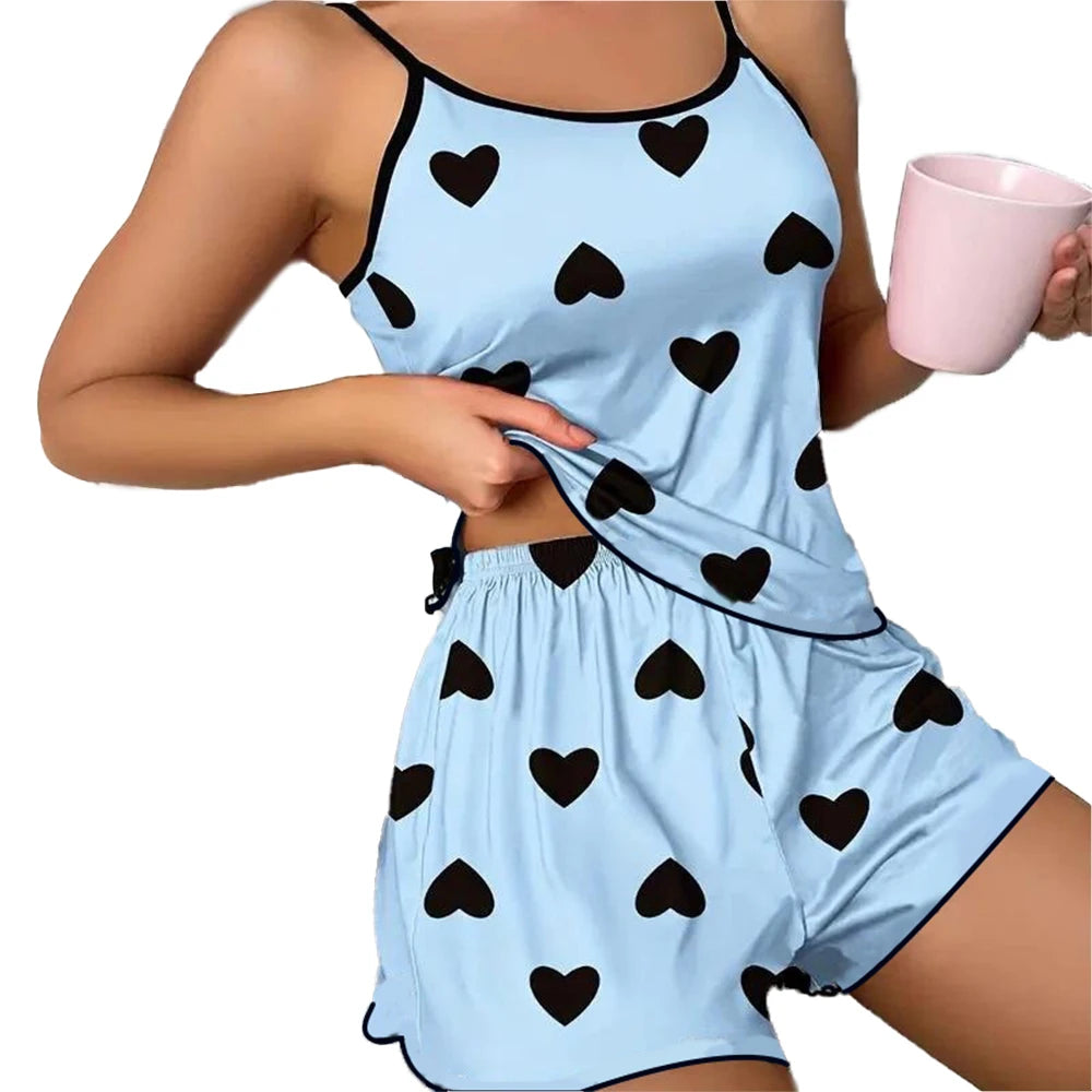 Women'S Pajama Set Pajamas T-Shirts Shorts Pink Heart-Shaped Print round Neck T-Shirt Ice Silk Top Comfortable Casual Summer 