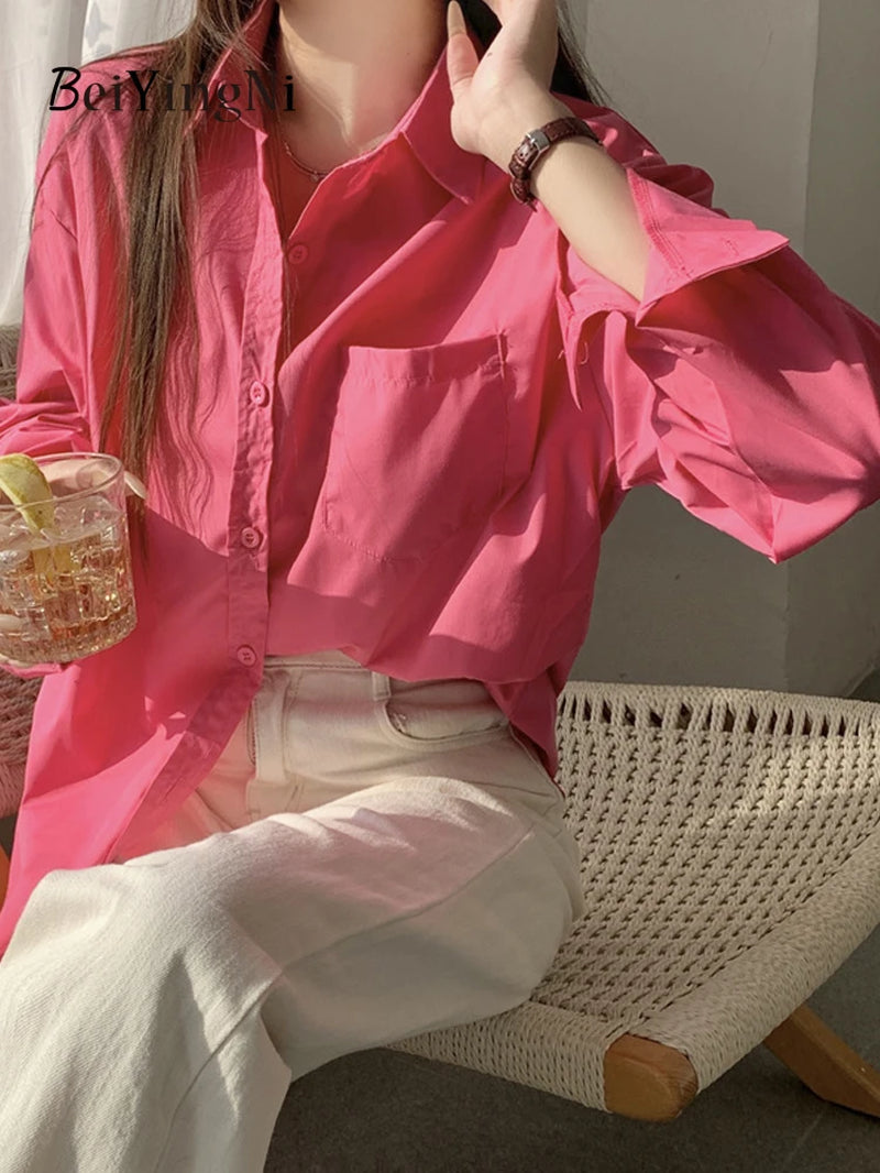 2025 Spring Autumn Women Shirts White Plain Loose Oversized Blouses Female Tops Loose BF Korean Style Blusas Pockets