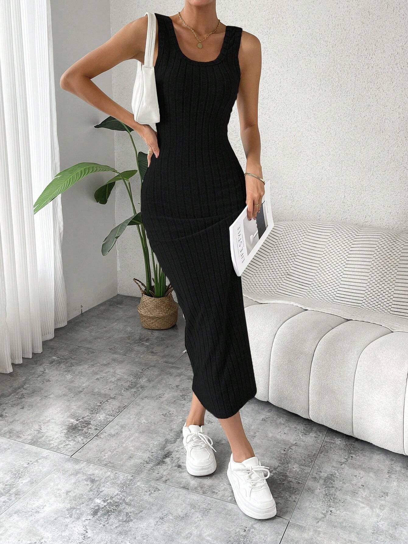 Breezaya Solid Ribbed Knit Tank Dress Maxi Vacation Beach Outfits Women 💃 Diva Drapes
