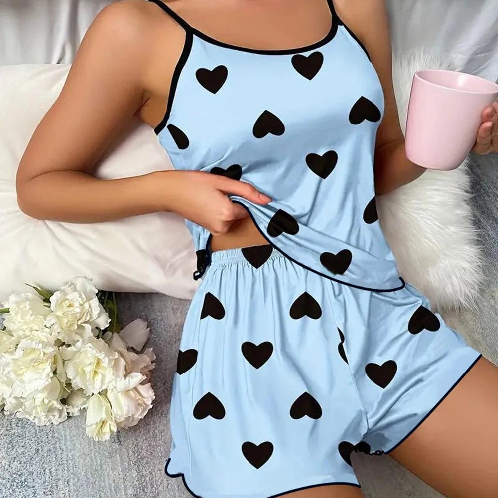 Women'S Pajama Set Pajamas T-Shirts Shorts Pink Heart-Shaped Print round Neck T-Shirt Ice Silk Top Comfortable Casual Summer 