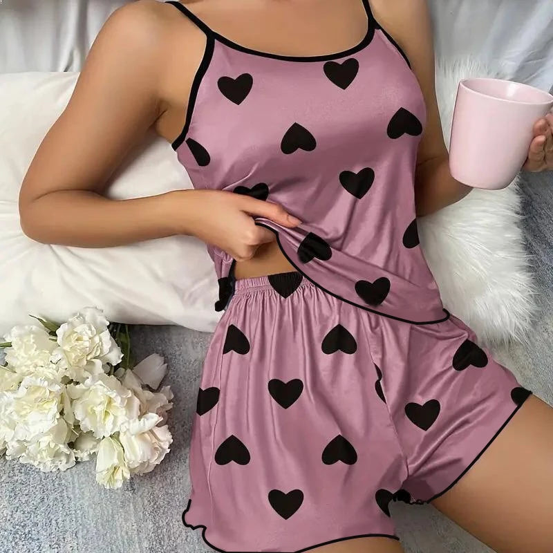 Women'S Pajama Set Pajamas T-Shirts Shorts Pink Heart-Shaped Print round Neck T-Shirt Ice Silk Top Comfortable Casual Summer 