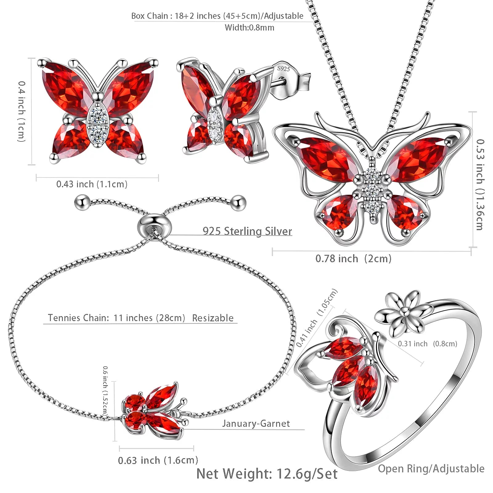 January Birthstone Jewelry Set Red Butterfly Garnet Fine Necklace/Earrings/Ring/Bracelet Sterling Silver Women Xmas Birthday Mother'S Day Gifts