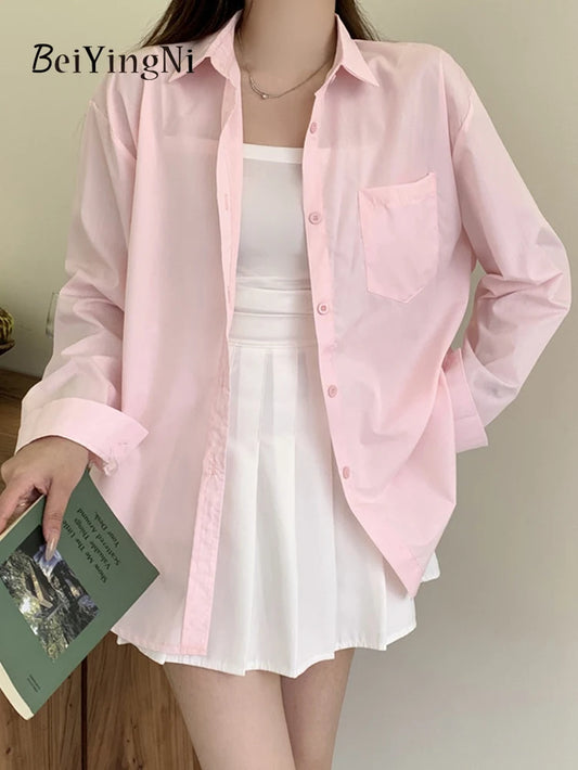 2025 Spring Autumn Women Shirts White Plain Loose Oversized Blouses Female Tops Loose BF Korean Style Blusas Pockets