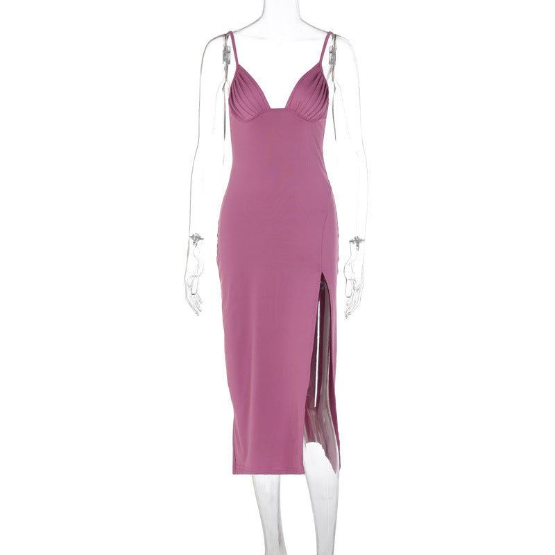 Spaghetti Strap Dress with Split Design Deep V-Neck Sleeveless Backless Bodycon Party Dresses for Womens Clothing 💃 Diva Drapes