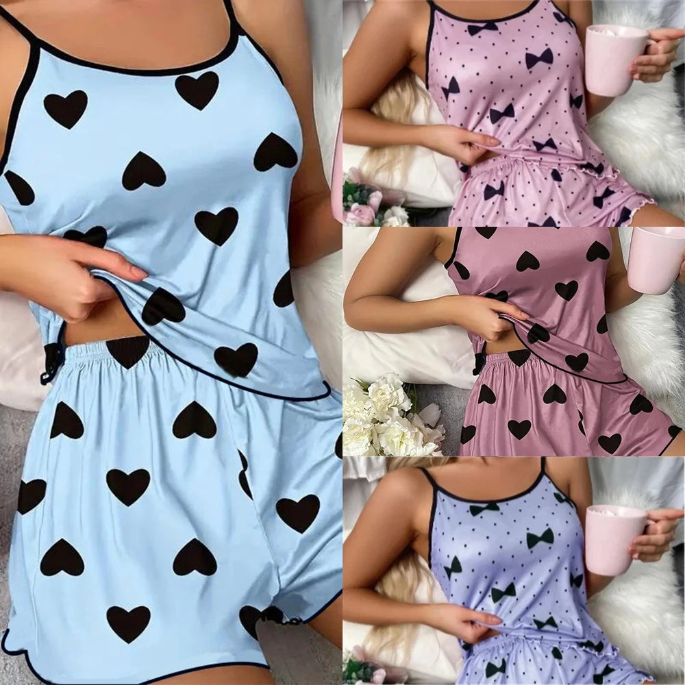 Women'S Pajama Set Pajamas T-Shirts Shorts Pink Heart-Shaped Print round Neck T-Shirt Ice Silk Top Comfortable Casual Summer 