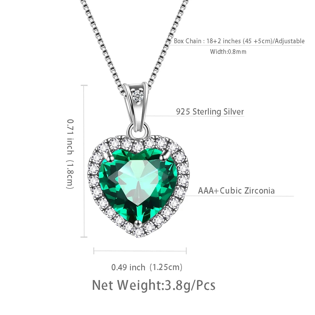 May Birthstone Necklace Women Green Heart Necklace Emerald Crystal CZ 925 Sterling Silver Pendant Jewelry Birthday Mother'S Day Gift