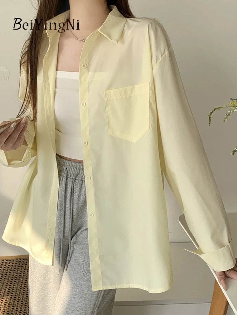2025 Spring Autumn Women Shirts White Plain Loose Oversized Blouses Female Tops Loose BF Korean Style Blusas Pockets