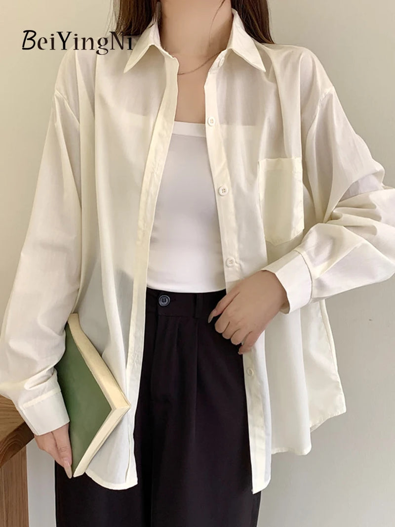 2025 Spring Autumn Women Shirts White Plain Loose Oversized Blouses Female Tops Loose BF Korean Style Blusas Pockets