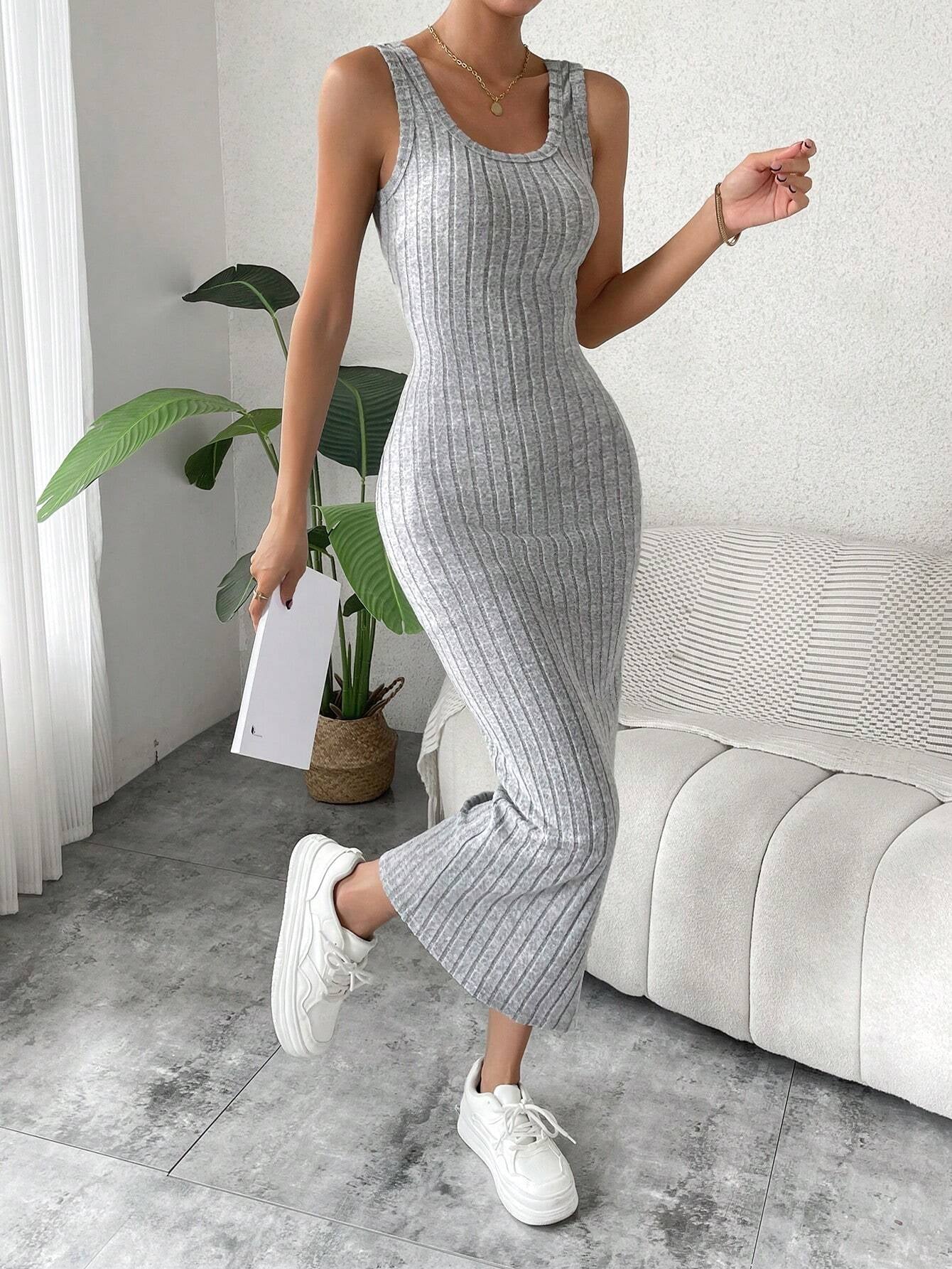 Breezaya Solid Ribbed Knit Tank Dress Maxi Vacation Beach Outfits Women 💃 Diva Drapes