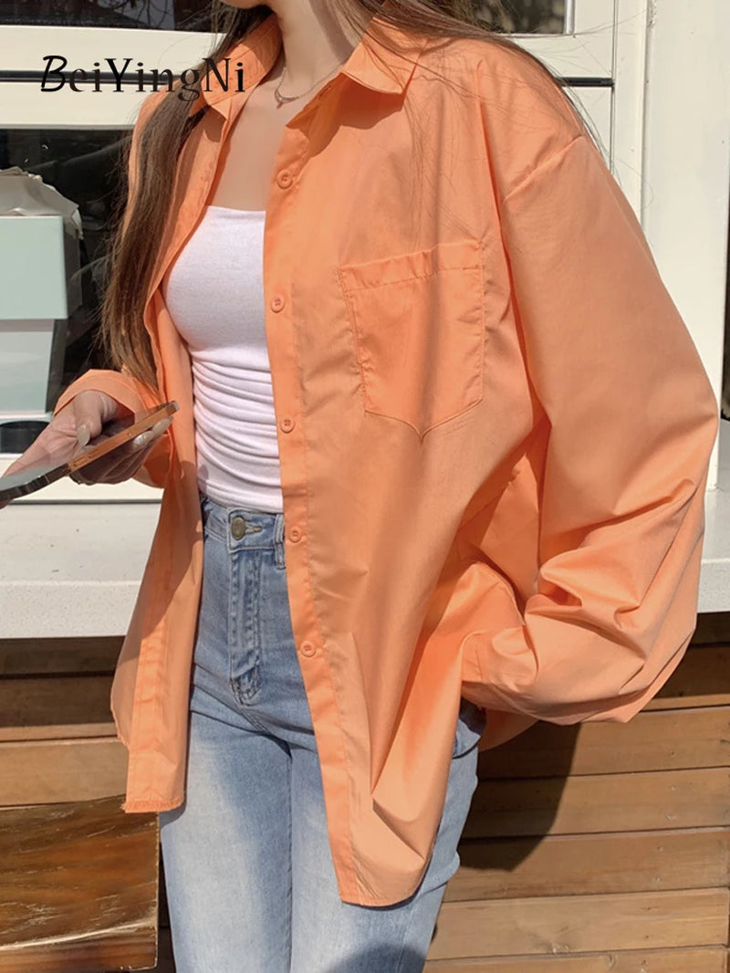 2025 Spring Autumn Women Shirts White Plain Loose Oversized Blouses Female Tops Loose BF Korean Style Blusas Pockets