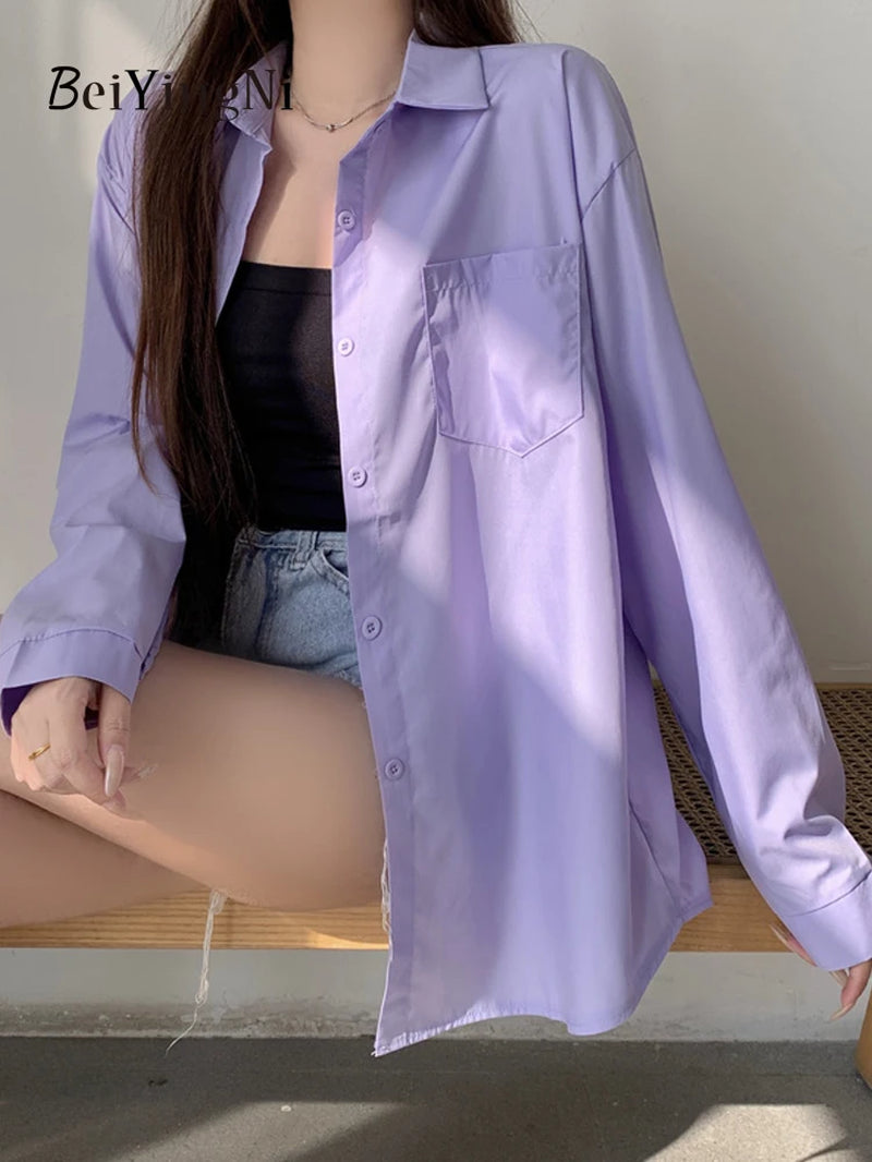 2025 Spring Autumn Women Shirts White Plain Loose Oversized Blouses Female Tops Loose BF Korean Style Blusas Pockets