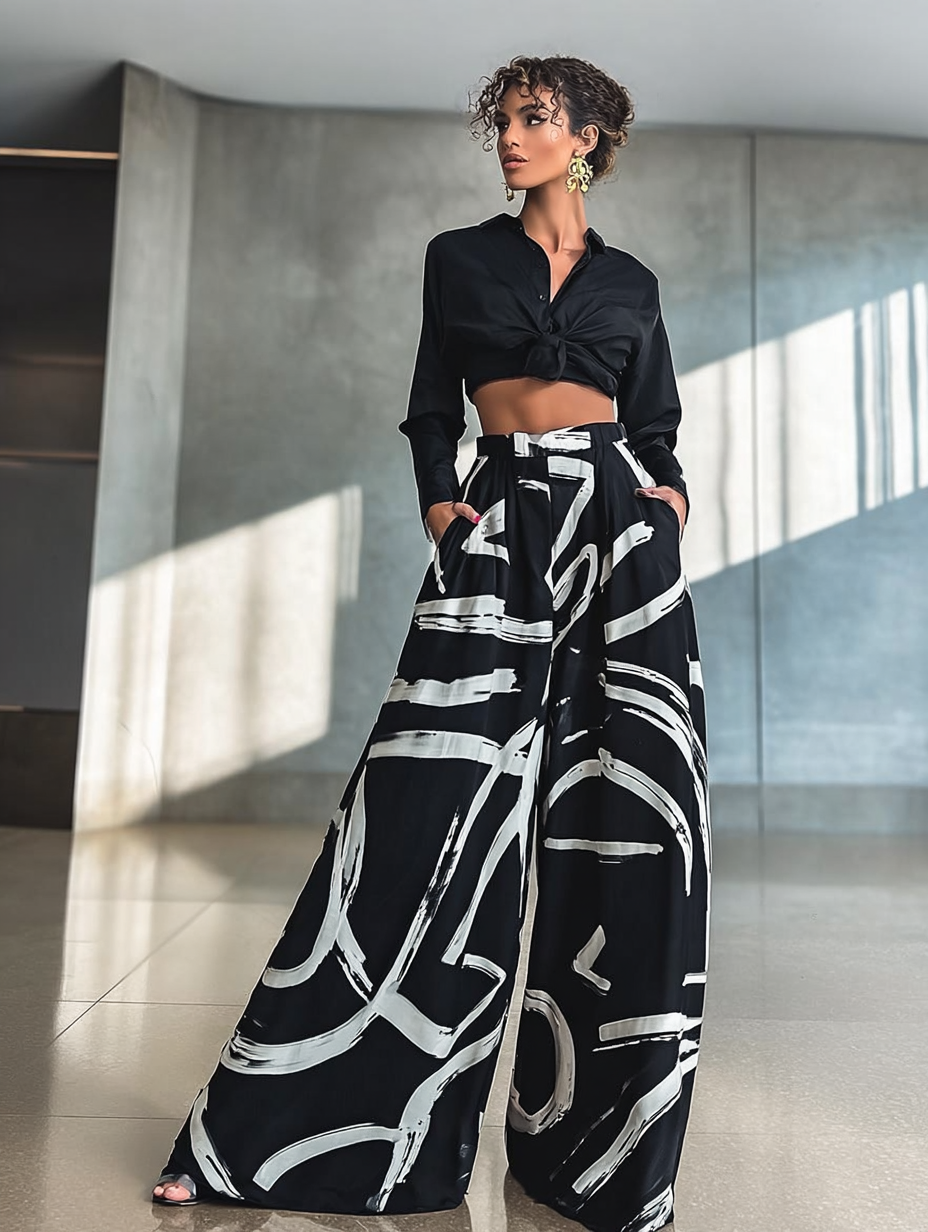 Legant Geometric Print Loose Wide Leg Fashionable Pants for Women Spring/Summer Wear