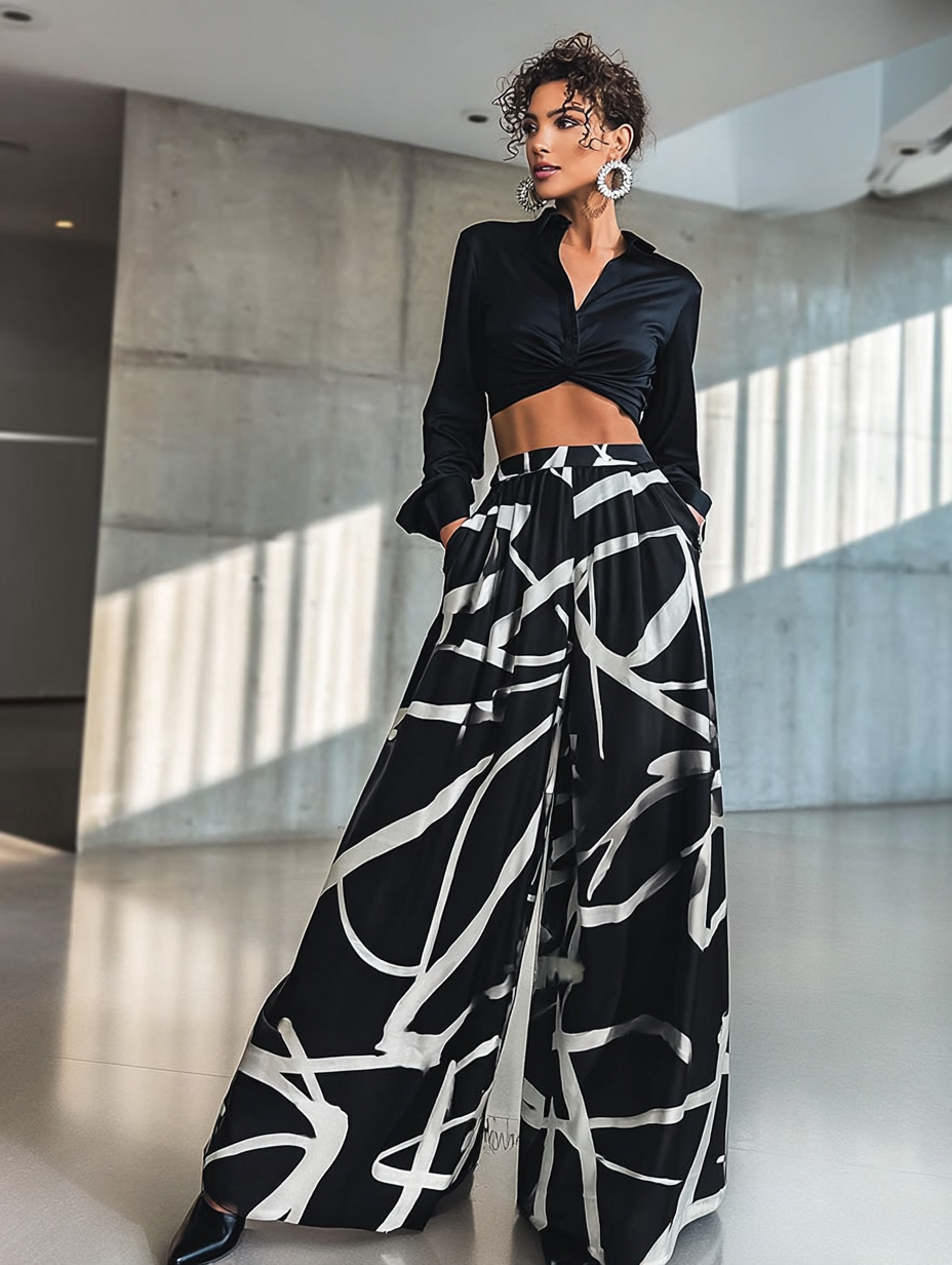 Legant Geometric Print Loose Wide Leg Fashionable Pants for Women Spring/Summer Wear