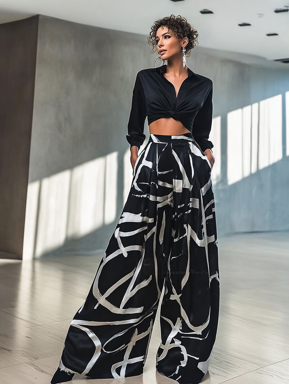 Legant Geometric Print Loose Wide Leg Fashionable Pants for Women Spring/Summer Wear