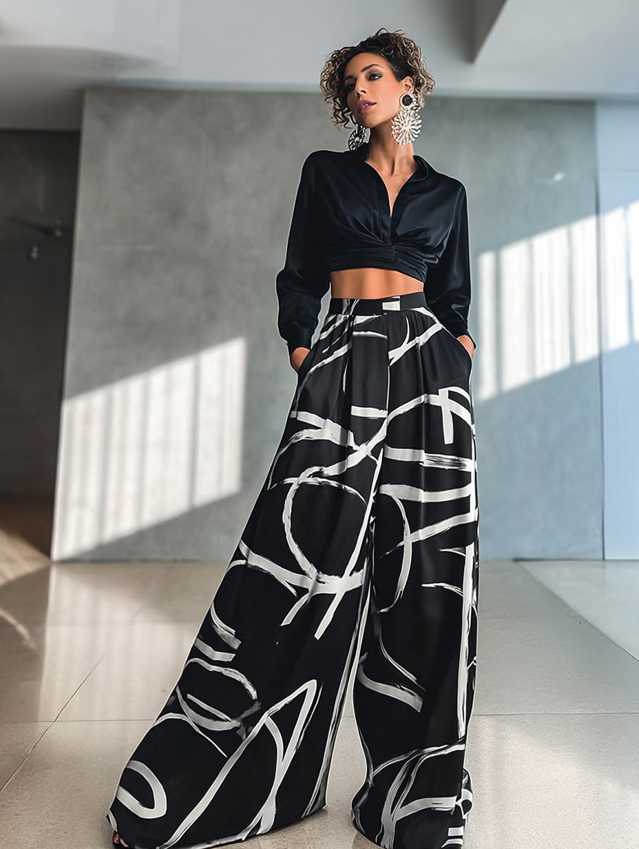 Legant Geometric Print Loose Wide Leg Fashionable Pants for Women Spring/Summer Wear