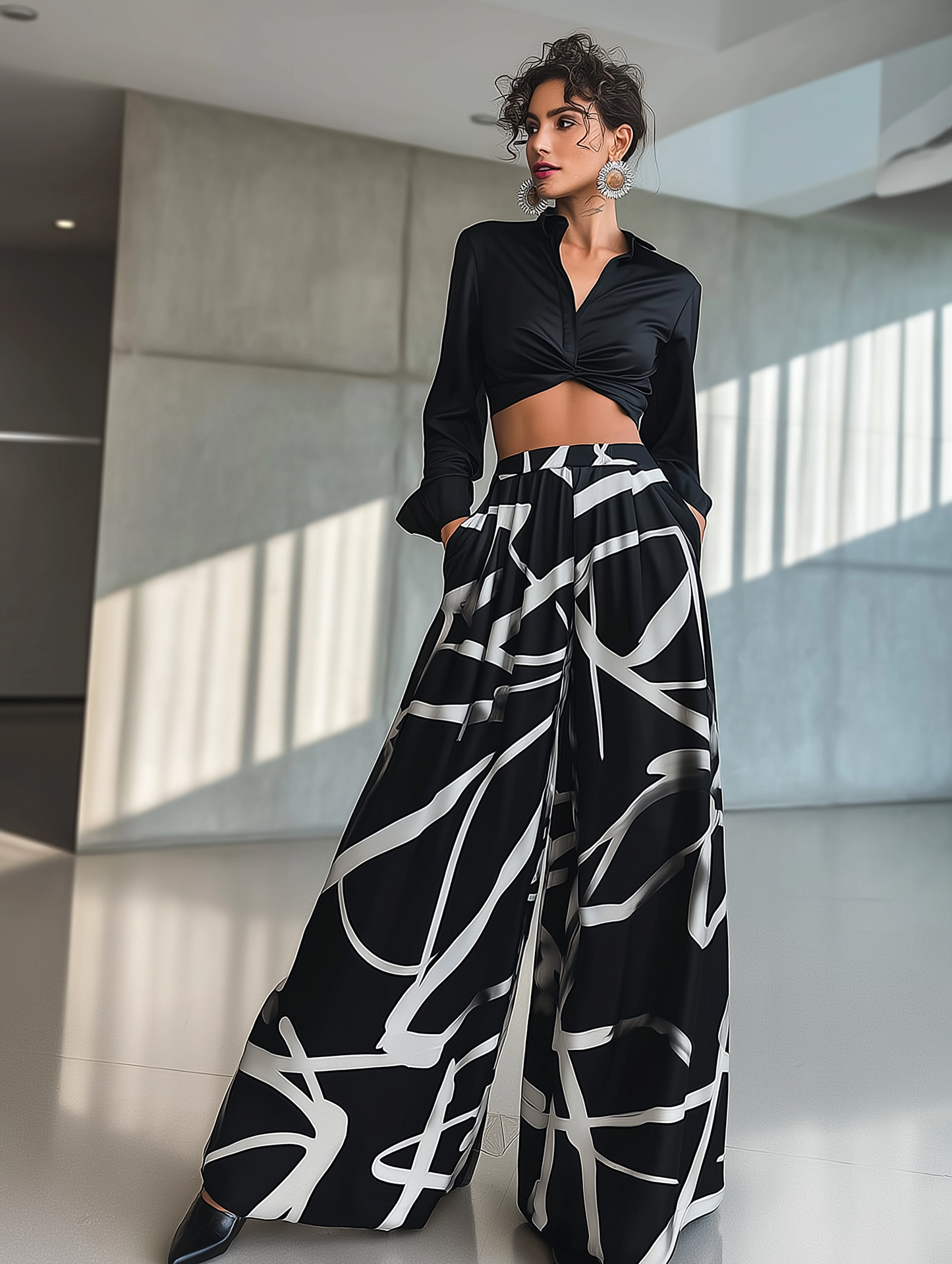 Legant Geometric Print Loose Wide Leg Fashionable Pants for Women Spring/Summer Wear