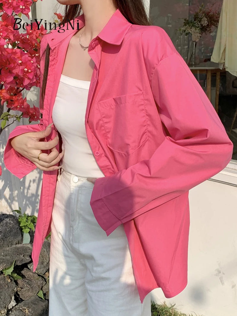 2025 Spring Autumn Women Shirts White Plain Loose Oversized Blouses Female Tops Loose BF Korean Style Blusas Pockets