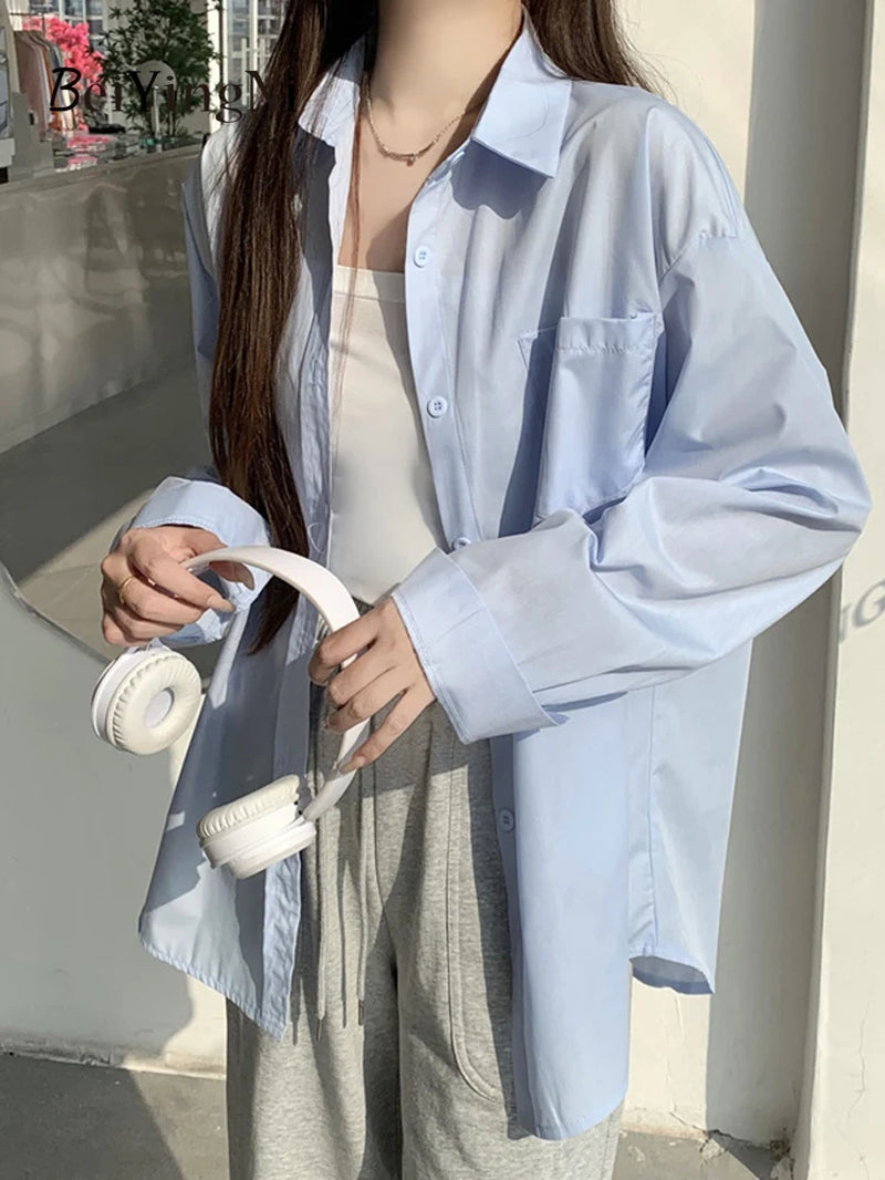 2025 Spring Autumn Women Shirts White Plain Loose Oversized Blouses Female Tops Loose BF Korean Style Blusas Pockets