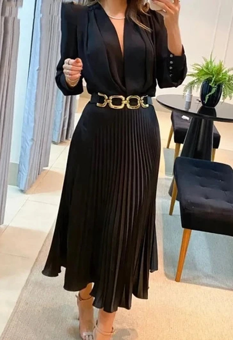 Elegant Women'S Dress 2024 New Temperament Commuting Solid Color Loose Long Sleeve Sexy Deep V-Neck Pullover Pleated Dress 💃 Diva Drapes