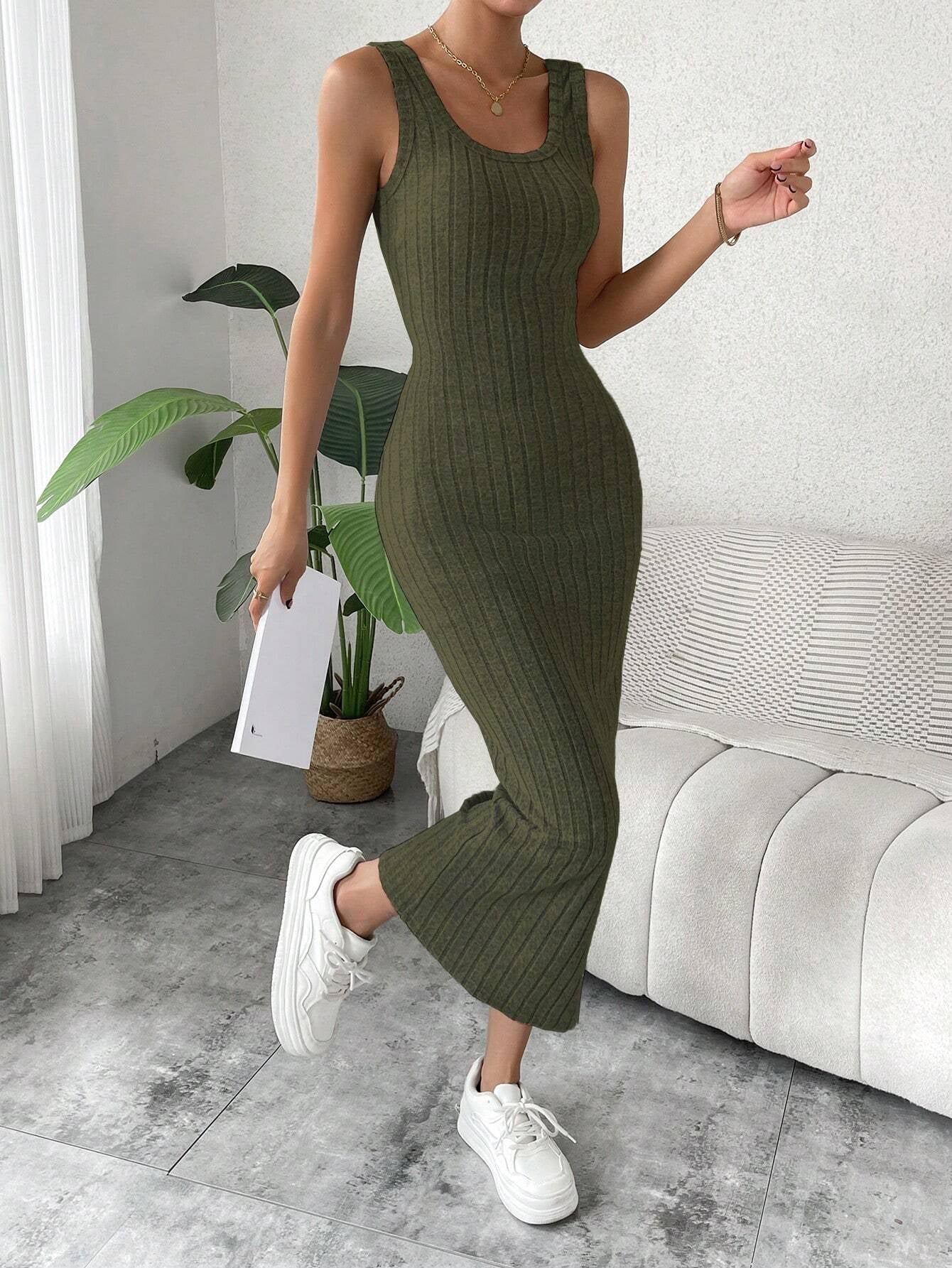 Breezaya Solid Ribbed Knit Tank Dress Maxi Vacation Beach Outfits Women 💃 Diva Drapes