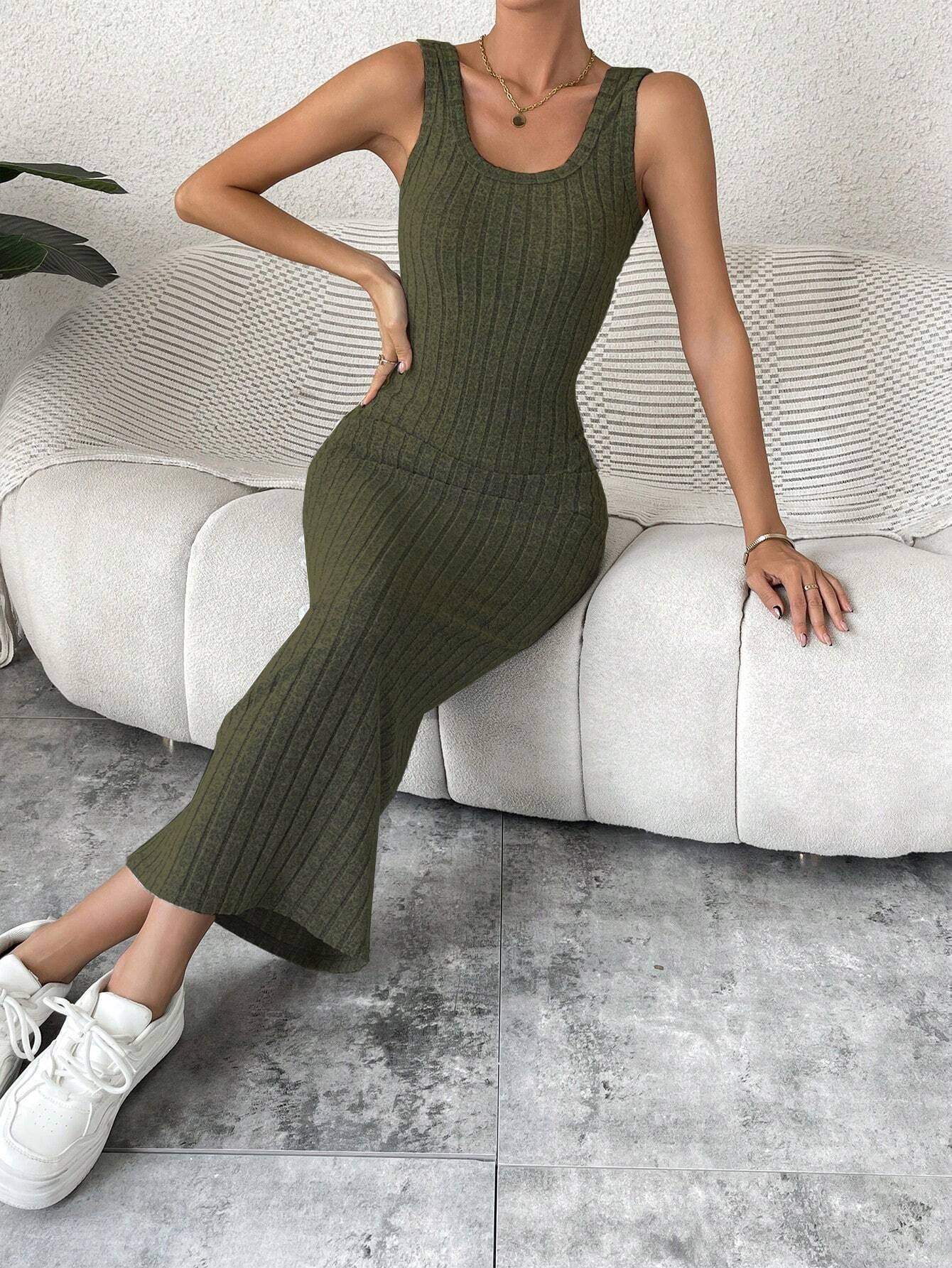 Breezaya Solid Ribbed Knit Tank Dress Maxi Vacation Beach Outfits Women 💃 Diva Drapes