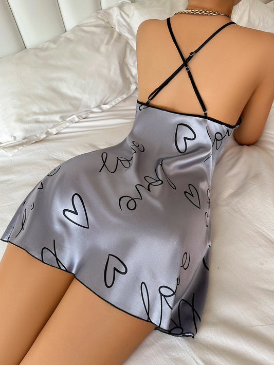 Heart Letter Print Nightdress Casual round Neck Spaghetti Strap Sleep Dress Women'S Sleepwear Dresses