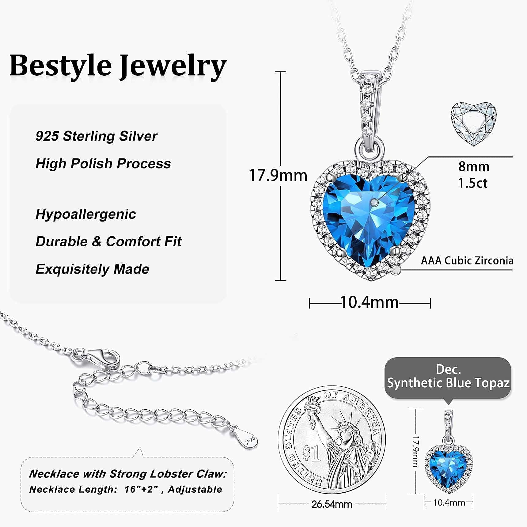 December Birthstone Turquoise Pendant Necklace – 925 Sterling Silver Heart Choker with CZ Accents – Elegant Gift for Women, Wife, Mom, or Daughter