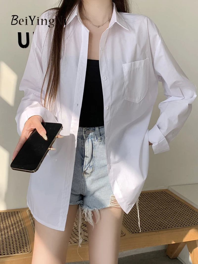 2025 Spring Autumn Women Shirts White Plain Loose Oversized Blouses Female Tops Loose BF Korean Style Blusas Pockets