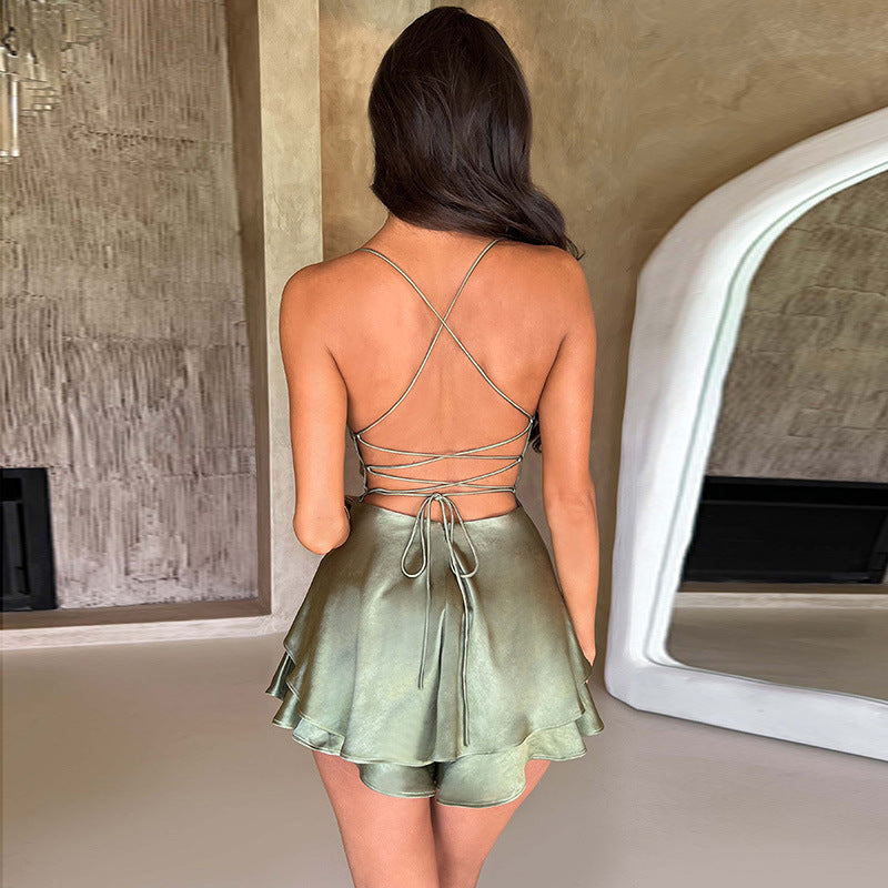 Halter Satin Backless Straps a Swing Dress Summer Sexy Temperament Elegant Celebrity Style Short Dress Womens Clothing 💃 Diva Drapes