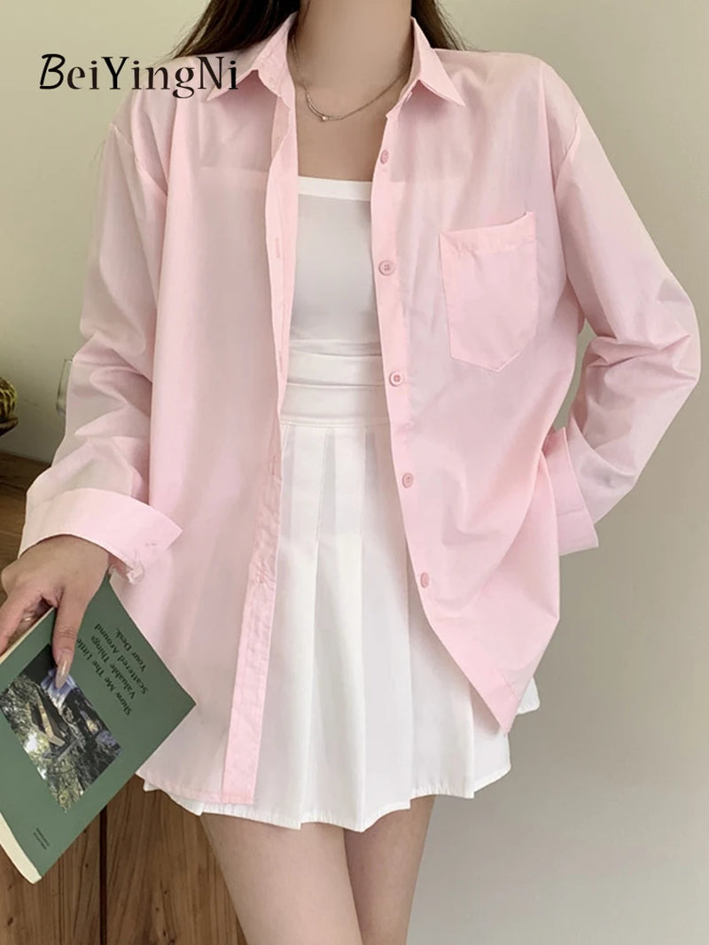 2025 Spring Autumn Women Shirts White Plain Loose Oversized Blouses Female Tops Loose BF Korean Style Blusas Pockets