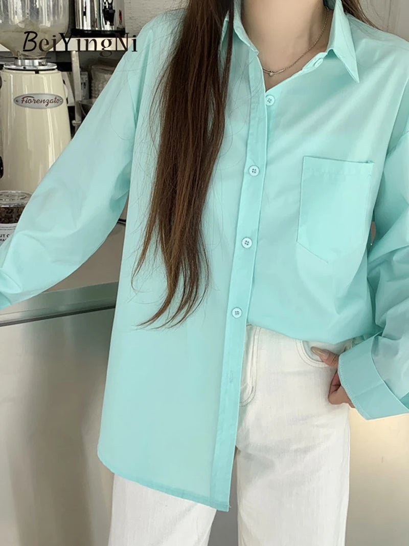 2025 Spring Autumn Women Shirts White Plain Loose Oversized Blouses Female Tops Loose BF Korean Style Blusas Pockets