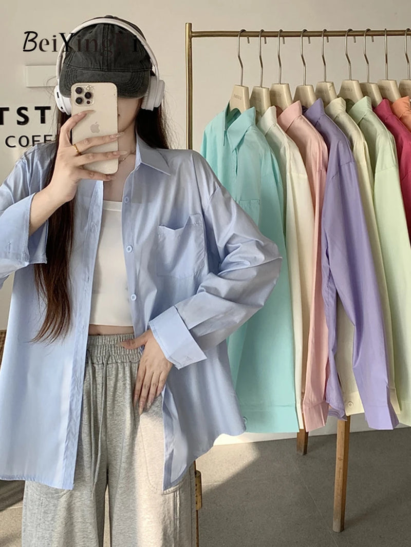 2025 Spring Autumn Women Shirts White Plain Loose Oversized Blouses Female Tops Loose BF Korean Style Blusas Pockets