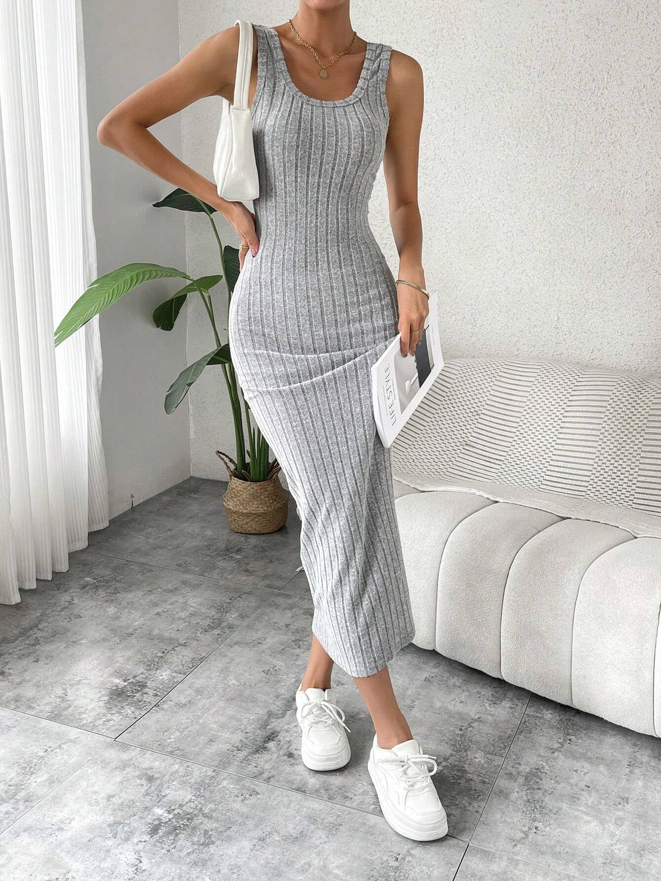 Breezaya Solid Ribbed Knit Tank Dress Maxi Vacation Beach Outfits Women 💃 Diva Drapes