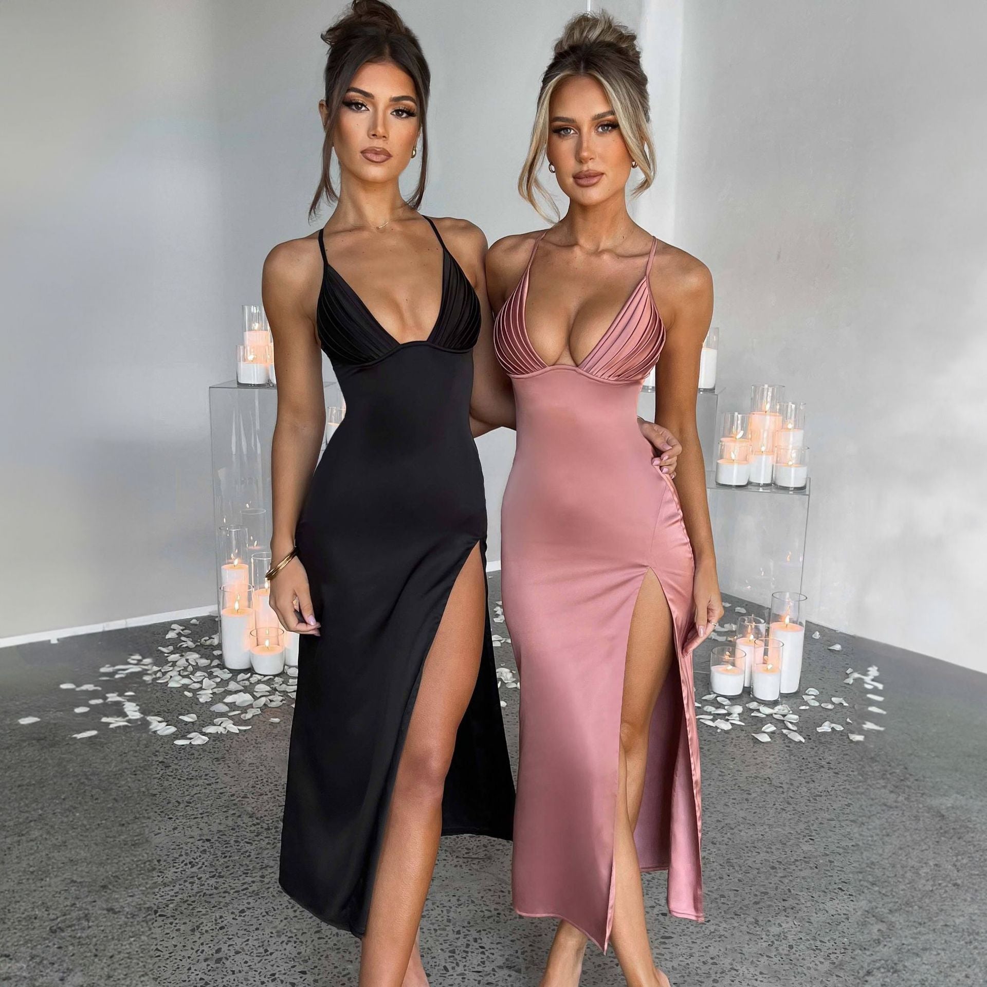 Spaghetti Strap Dress with Split Design Deep V-Neck Sleeveless Backless Bodycon Party Dresses for Womens Clothing 💃 Diva Drapes