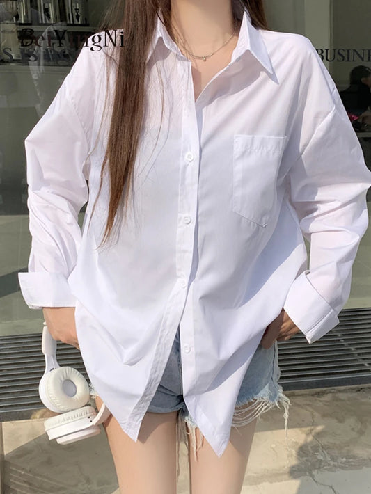 2025 Spring Autumn Women Shirts White Plain Loose Oversized Blouses Female Tops Loose BF Korean Style Blusas Pockets